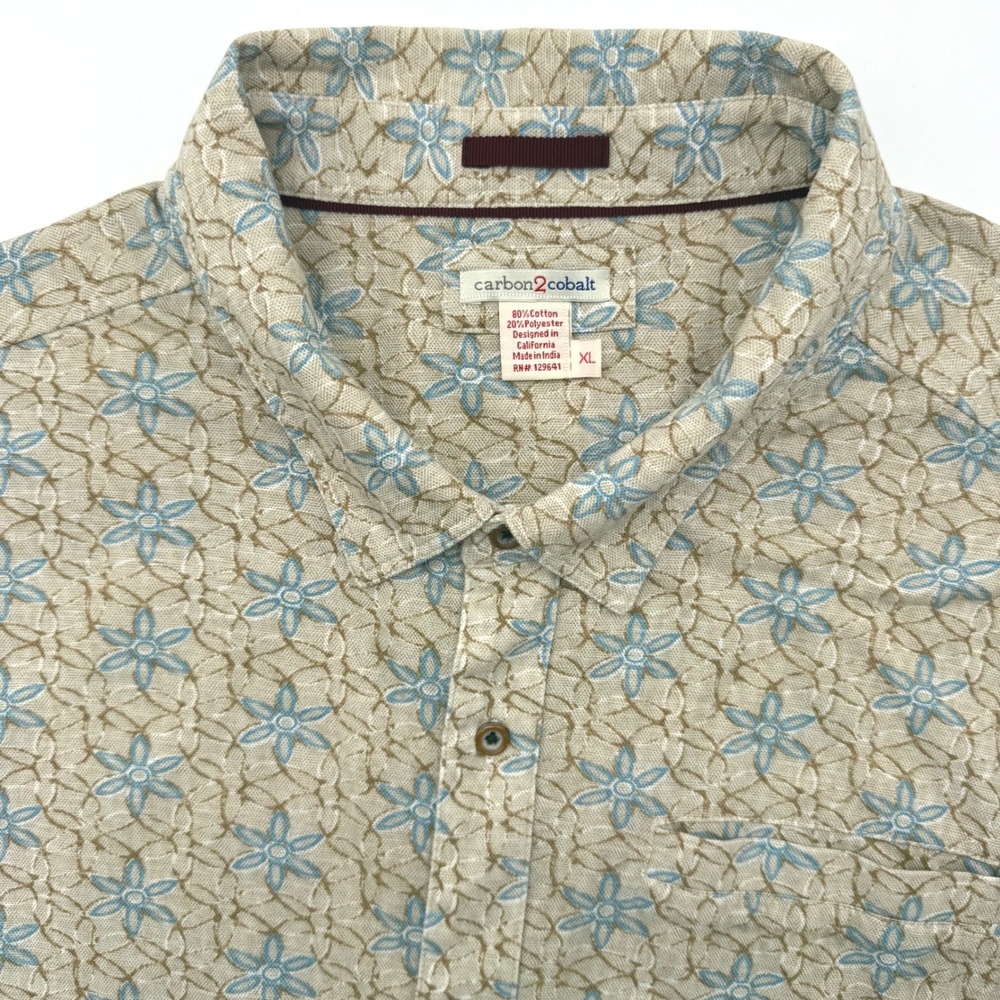 Carbon2Cobalt Button Up Men XL Tan Blue Floral Short Sleeve Textured‎ Knit Shirt